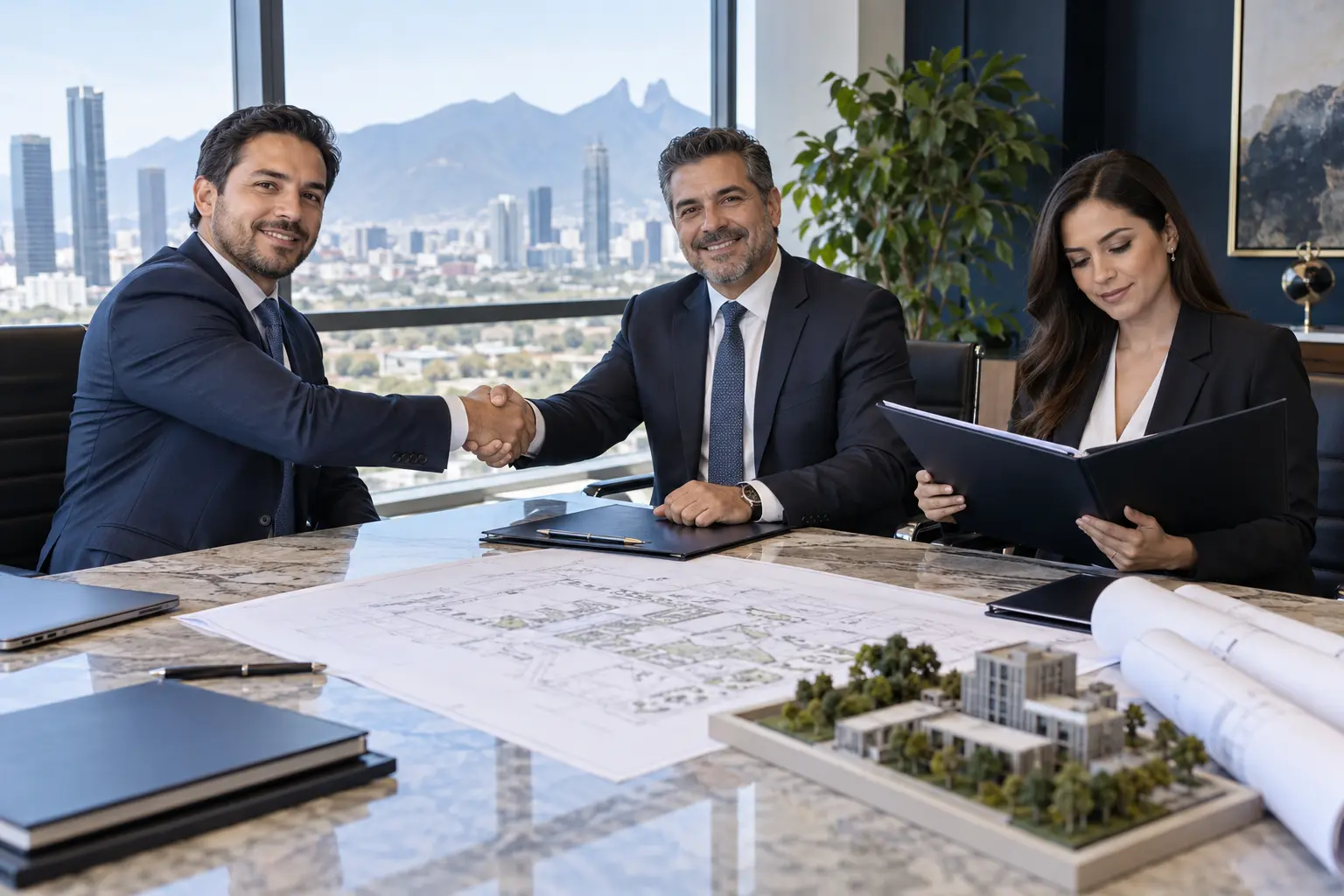 Ejecutivos formalizando un contrato empresarial